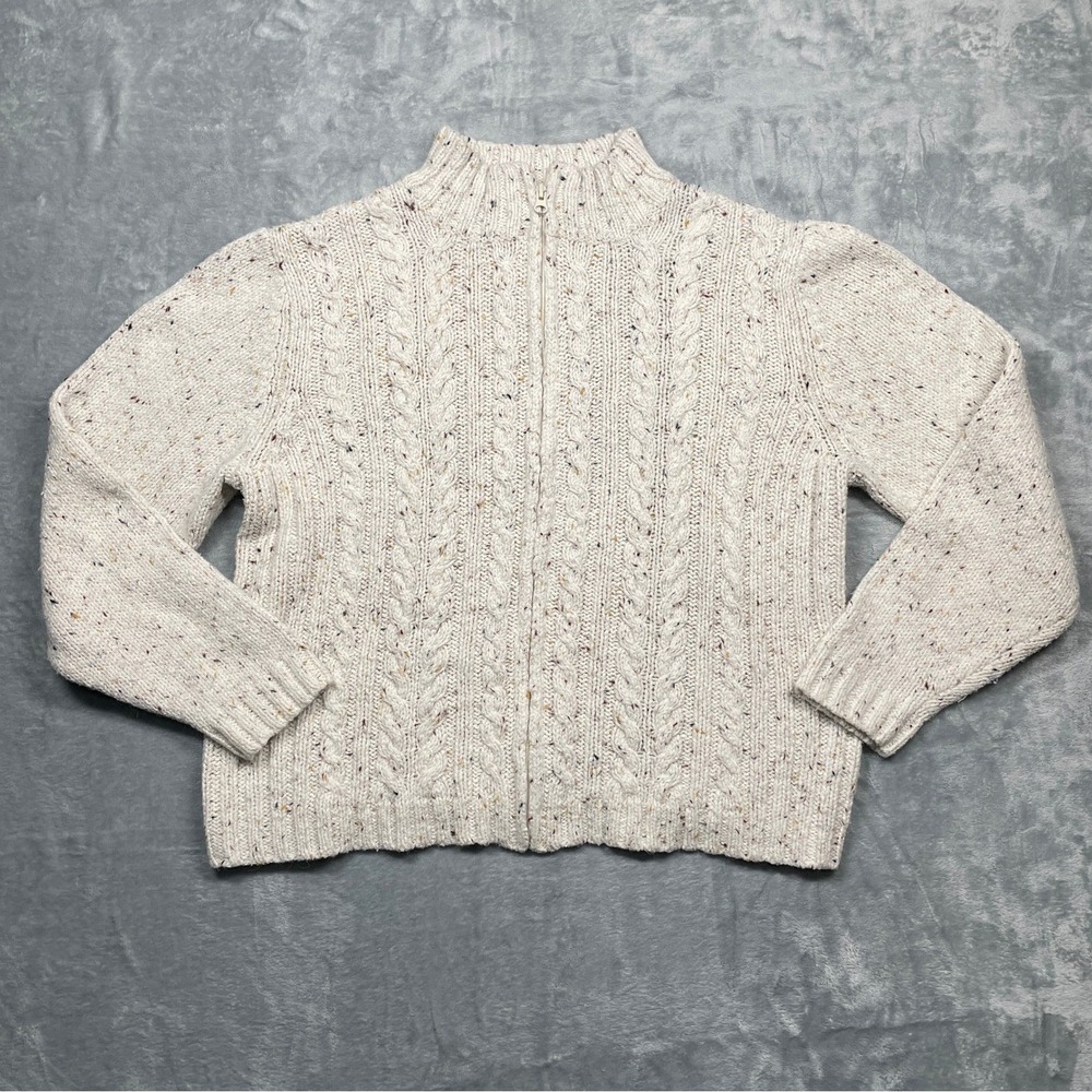Dressbarn Cardigan‎ Sweater Womens Large Cream Cable Knit Zip Up Mock Neck
